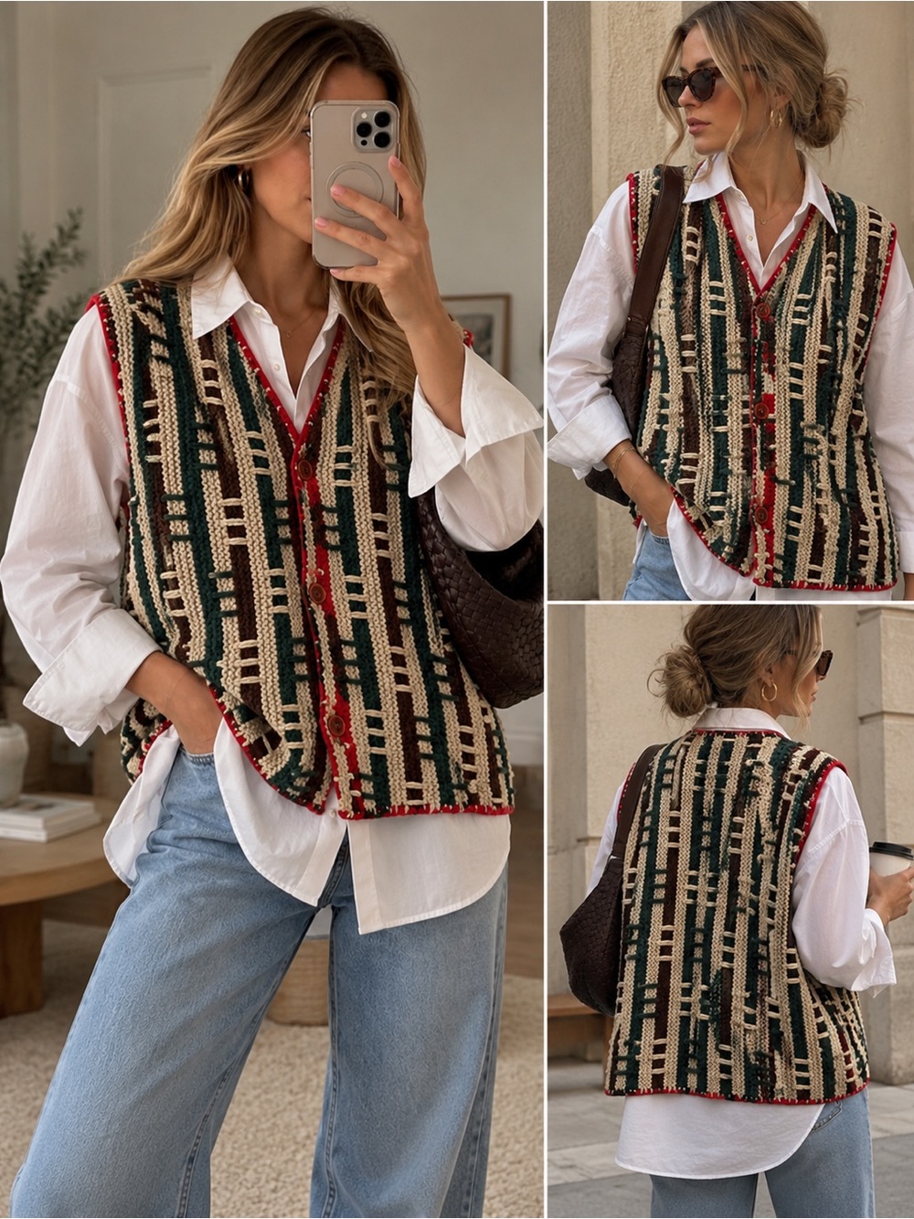 NWOT OVERSIZE Textured V-Neck Knit Sweater Vest - Green/Cream with Red Trim